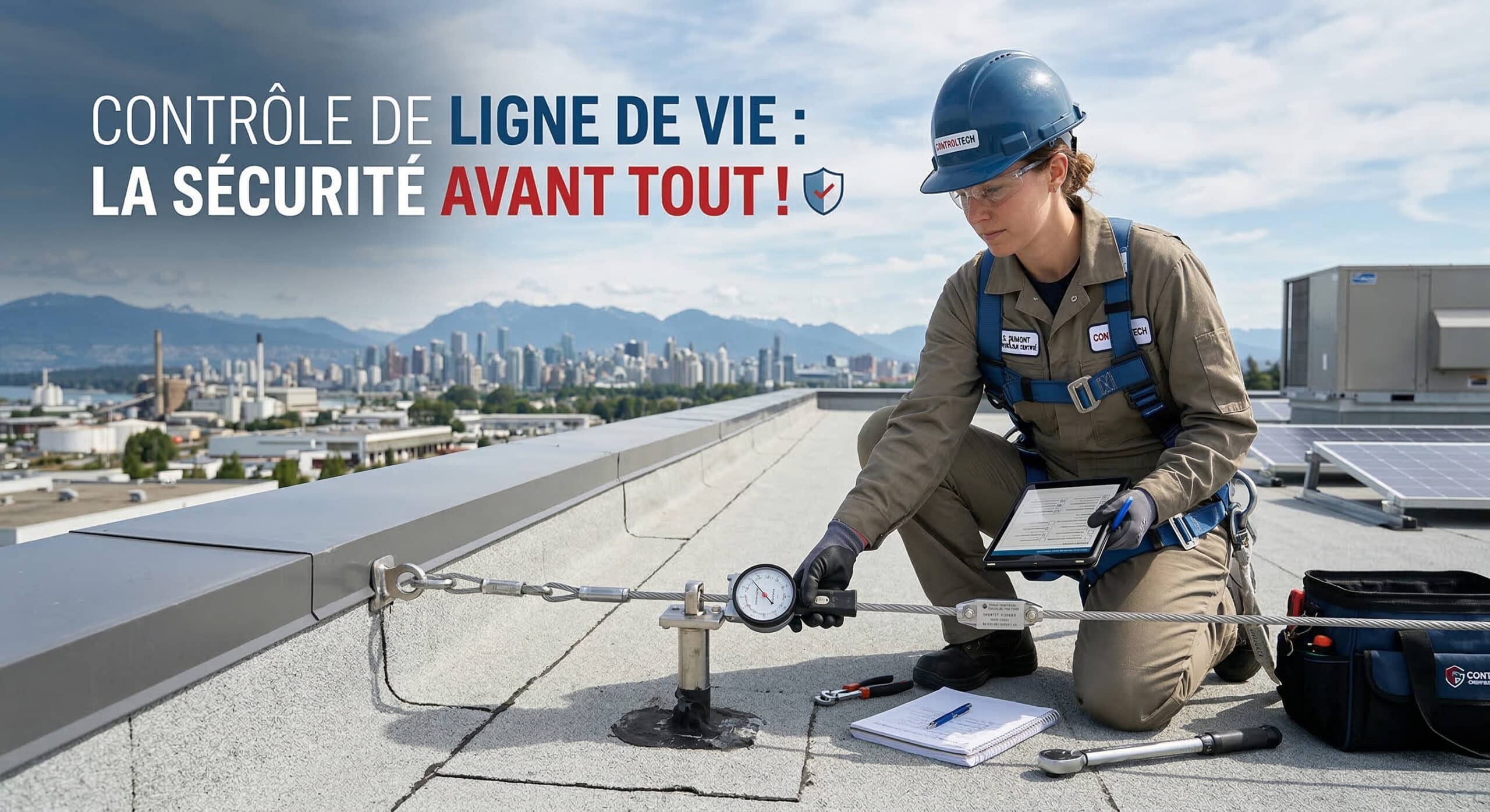 Vérification technique d'une ligne de vie sur toiture terrasse par un technicien VITALIS
